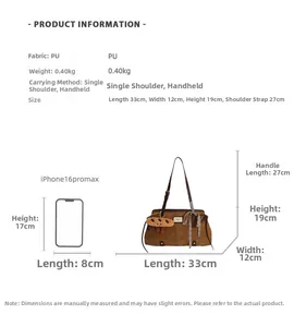 Guide détaillé des tailles et dimensions de ce sac à main vintage en PU gaufré de mode
