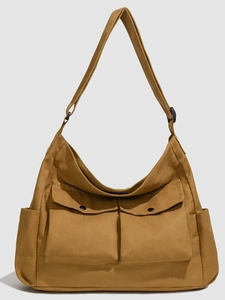 Grand Sac à Épaule en Tissu Oxford pour Femmes Multi Poches Style Workwear Sac à Bandoulière Rétro Sac à Main Tote