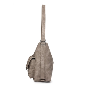 Detail view of the vintage grey canvas messenger bag with adjustable strap and side pocket