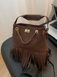 Sac Seau Vintage en Suédine à Glands Matelassé à Losanges Sac à Bandoulière Avec Chaîne Dorée Mode Navettage