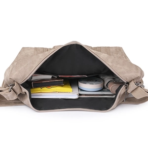 Interior detail of large khaki shoulder bag showing spacious storage for daily items