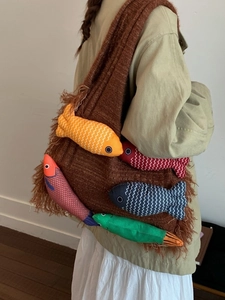 Brown knit tote bag with colorful 3D fabric fish charms for women's daily commute