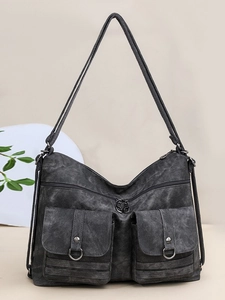 Vintage dark grey large capacity canvas tote bag with front pockets for daily commute