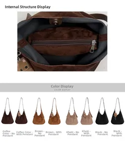 Detail view of large suede tote interior compartment and color options in four shades