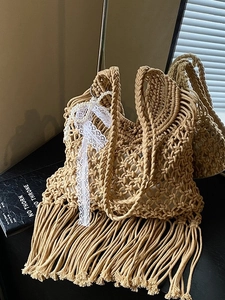 Handmade Woven Tote Bag Cotton Rope Hollow Mesh Shoulder Bag With Tassels Lace Bow Artificial Pearl Vacation Beach Bag For Women