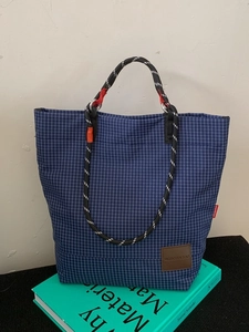 Borsa tote a quadri blu navy con manici in corda, borsa a secchiello leggera da pendolare