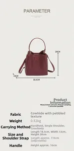 Detailed size chart for retro wine red bucket bag with dimensions and strap length info