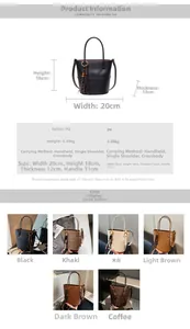Detailed size chart and multi-color options for the stylish PU leather bucket handbag
