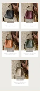 Collage of leather bucket bags in five colors with top handle and embossed circular logo