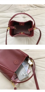 Detail of burgundy bucket bag interior showing spacious storage for phone and makeup