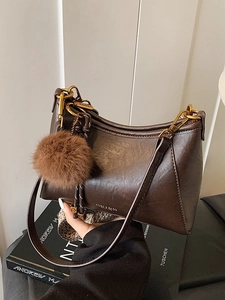 Vintage Women PU Leather Crossbody Bag Fashion Stitching Dumpling Shoulder Bag With Pompom Charm Woven Strap Casual Commuter Handbag
