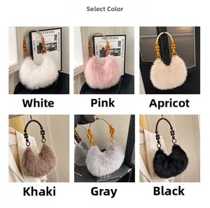 Detail view of plush shoulder bags in six colors with decorative wooden bead handles