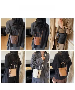 Collage of leather bucket bags in six colors with ring handles and beaded tassels