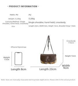 Detailed size specifications of a vintage plaid saddle bag with metal chain strap