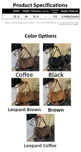 Detailed size specifications for suede tote bag with multiple color swatches displayed