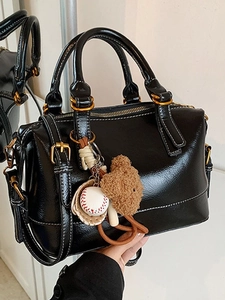Women Retro PU Leather Boston Pillow Bag High Gloss Large Capacity Shoulder Crossbody Bag With Teddy Bear Baseball Charms