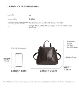 Detailed view of dark brown retro PU backpack dimensions 30x11x25cm with size comparison