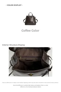 Detail view of the drawstring closure and interior zipper pocket of the coffee leather backpack