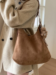 Brown suede hobo tote bag for women with cute bear charm and large capacity