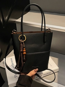Women Fashion PU Leather Bucket Bag Minimalist Crossbody Shoulder Bag With Tassel Wood Bead Pendant Small Handbag Bag