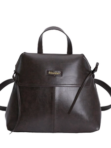 Minimalist large capacity dark brown faux leather backpack with top handle and straps