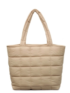 Beige quilted tote bag with large capacity and minimalist lightweight padded design