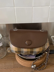 Vintage Plaid Saddle Crossbody Bag For Women Retro PU Leather Splicing Chain Shoulder Bag British Style Commuting Flap Bag