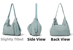 Three perspectives of the mint green nylon multifunctional crossbody bag with zippers