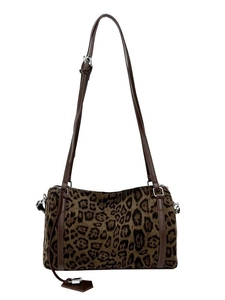 Chic leopard print faux suede tote bag with brown leather strap on white background