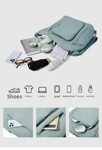 Detail view of large capacity compartments for laptop, shoes and accessories in light green bag