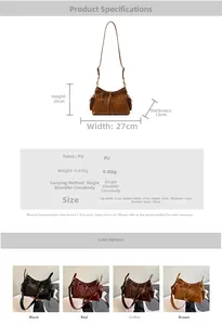 Detailed size specifications and color options for the vintage suede shoulder bag