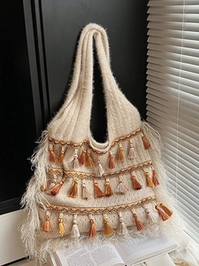 Sac Cabas en Tricot Bohémien pour Femmes Sac à Épaule Ethnique Grande Capacité avec Glands Colorés et Décoration Plumes