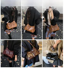 Collage of vintage oil wax leather tote bags shown in four colors on models in urban settings