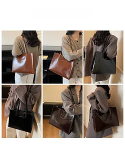 Detailansicht hochglänzender Lackleder-Tote-Bags in Braun, Schwarz und Kaffeebraun