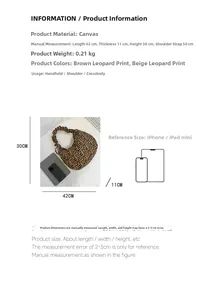 Detailed size specifications for the large leopard print canvas tote with dimensions