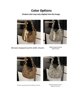 Detail view of leopard print canvas crossbody bags in brown and beige with lace charms