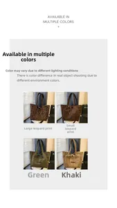 Detail showing four leopard print patterns and drawstring on suede tote bags