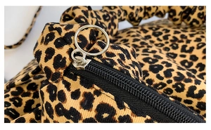 Detail of leopard print fabric with black zipper and silver circular metal puller