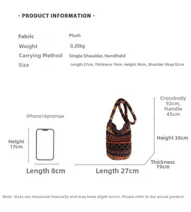 Tableau des tailles du sac en laine d'agneau comparé à un iPhone 16 Pro Max