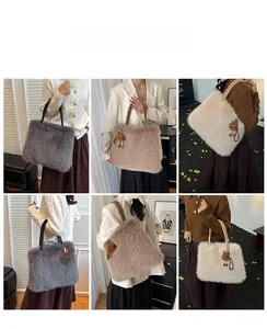 Detailed views of plush faux fur tote bag with monster charm in multiple colors