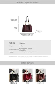Detailed size specifications for large suede tote bag featuring metallic chain straps