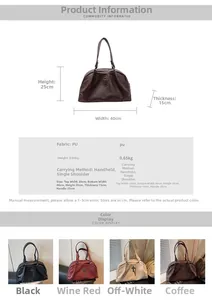Detailed chart showing PU leather tote bag dimensions and four color options with metal cross