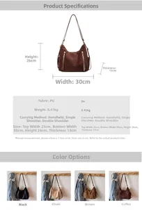Size chart showing dimensions and colors for the vintage matte PU leather tote bag
