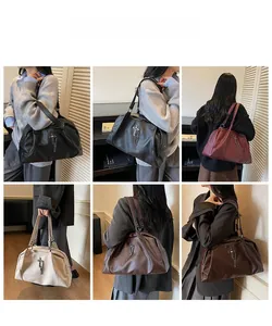 Collage of leather cross tote bags in black, burgundy, beige, and brown on models