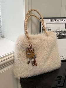 Women Faux Fur Tote Bag Large Capacity Winter Plush Shoulder Bag With Braided Handle Doll Charm Fluffy Handbag