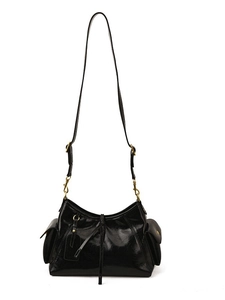 Retro black patent leather tote bag with side pockets and adjustable shoulder strap