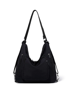 Versatile black nylon hobo shoulder bag with multiple functional zip pockets and silver hardware