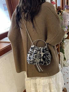 Faux fur leopard print bucket bag with silver chain strap shown on a model