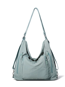 Light blue nylon tote bag with multiple pockets and versatile shoulder straps