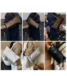 Collage of quilted down tote bags in dark brown, cream, silver and black colors